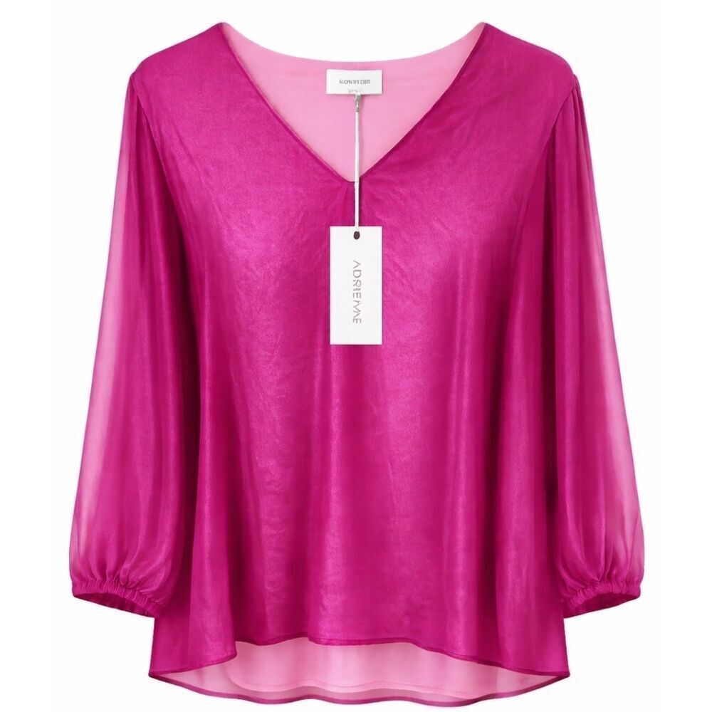 Adrienne Magenta Shimmer Blouse Sz M Bubble Sheer Sleeve Vneck Lined Pink Flowy